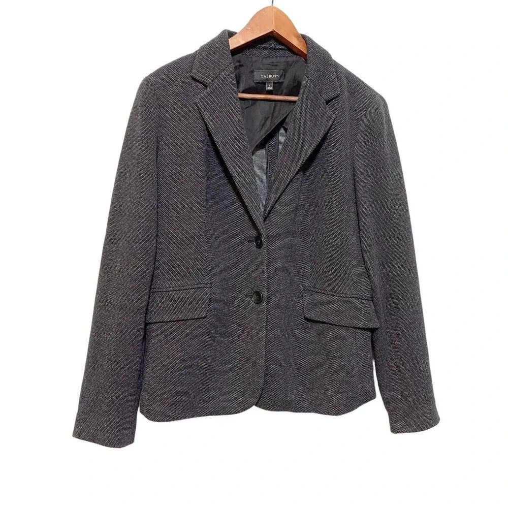 TALBOTS Jacket Blazer Size Large Black Gray Two Buttons Knit Long Sleeve